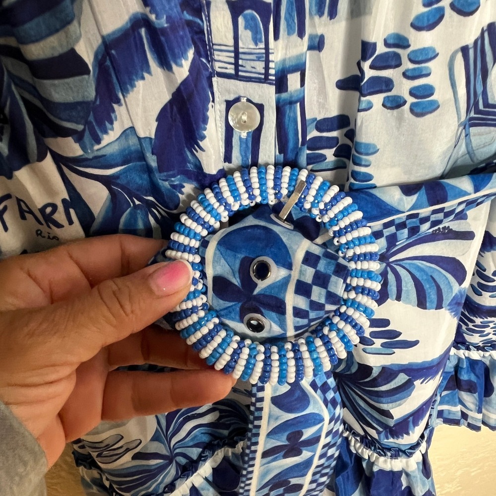 Farm Rio Sweet Rio Mini Dress Blue White Tropical Puff Sleeve Beaded Belt Medium - Picture 5 of 10